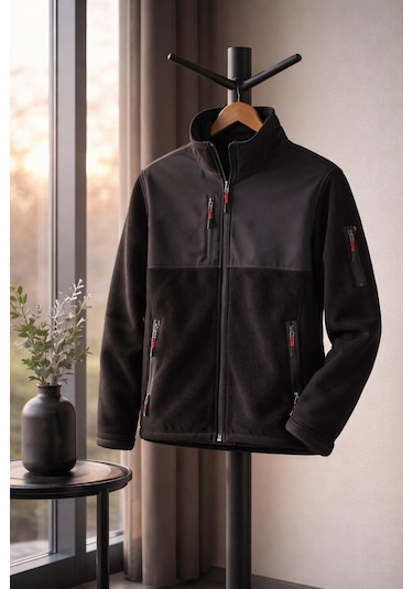 Vatan Tekstil Slim Fit Erkek Tam Fermuarlı Dik Yaka 4 Cepli Polar Softshell Garnili Siyah