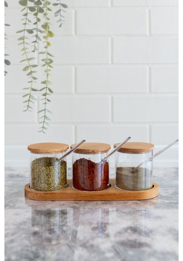 Flosoft Doğal Ahşap Kapaklı Kaşıklı 3’lü Mika Baharatlık, Ahşap Stantlı Sosluk Reçellik Baharatlık Seti Diğer