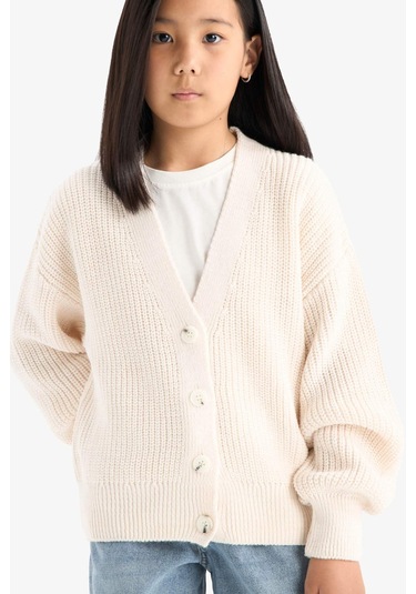 Defacto Kız Çocuk V Yaka Düğmeli Triko Hırka A2298a825auer105 Ekru