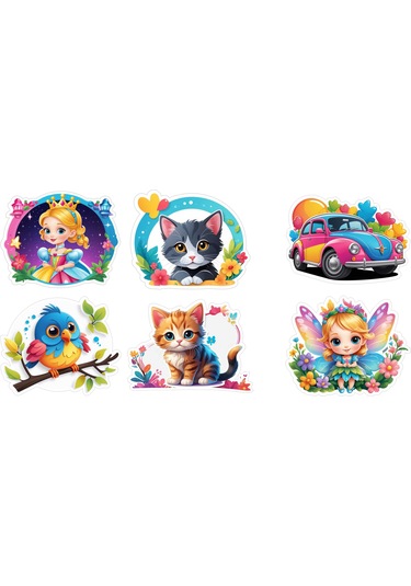 6 Adet Kız Çocuk Etiket Yapıştırma Sticker Defter Dolap Masa 10x10 Cm Çok Renkli