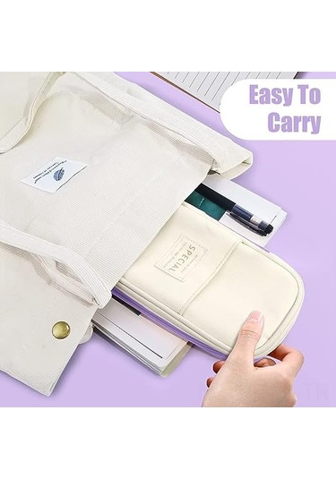 Dofolink Renkli Çanta: Geniş Kapasiteli 3 Bölmeli Gergin Askılıklı Kanvas Kalem Çantası, 50-60 Kalem Saklar, Seyahat/makeup/teknik Çantası Olarak Kullanılabilir - Mor/krem Çok Renkli