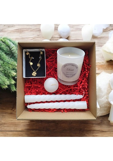 Denic Hediye Seti Kokulu Beyaz Bardak Mum Yonca Kolye Burgulu Mum Yüzen Mum