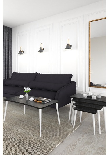 Alanur 5li Orta Sehpa Ve Zigon Sehpa Ahşap Ayaklı Çay Kahve Sehpası Xl Salon Seti Siyah Mermer