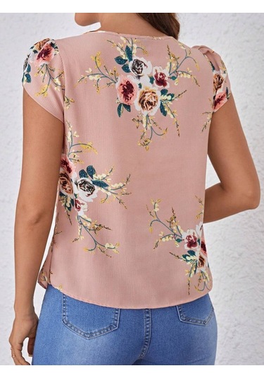 Modasize Kadın Kısa Kollu Bisiklet Yaka Çiçek Baskılı Süprem Bluz Pembe