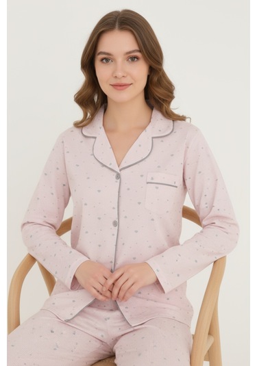 Luxury Viscose Pudra Pembe Minik Kalp Desenli Kadın Uzun Kollu Pijama Takımı 42545 Pembe