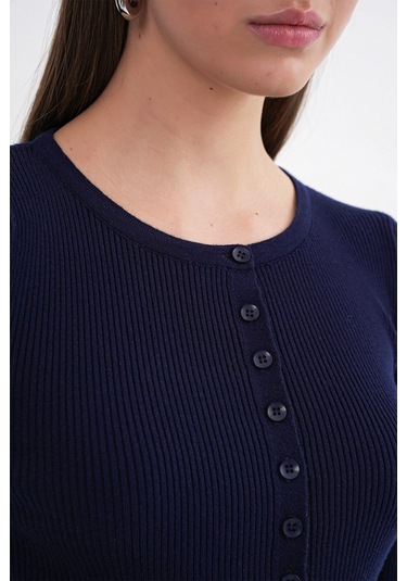 6931 Kadın Düğmeli Fitilli Triko Hırka Lacivert Lacivert
