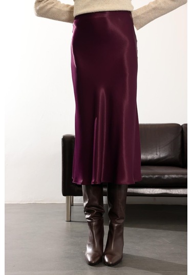 Mürdüm Saten Volanlı Etek 17000 Mürdüm