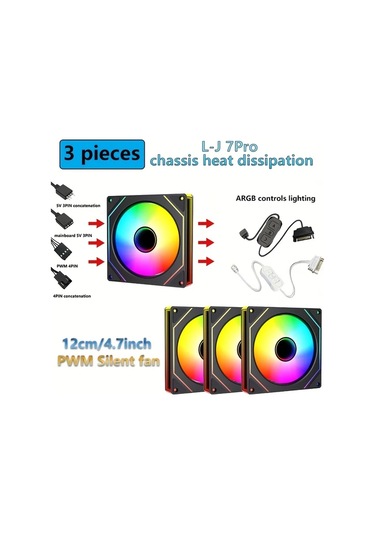Xuweiwei Beyaz Olumlu 7pro 3 Adet L J 7pro Sasi Isi Dagima Seti 120mm Sessiz Bilgisayar Sogutma Fani Argb Kontrol Cihazi Pwm