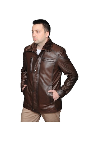 Derije Owen Hakiki Deri Erkek Kürklü Kestane Karartma Ceket-Mont-Kaban