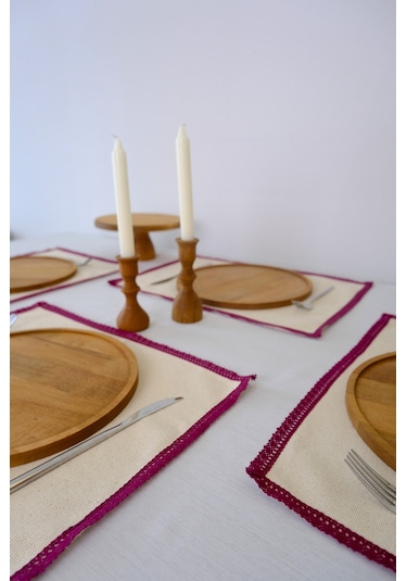 Yakacihome 4'lü Terra Duck Keten Fisto Dantel Biyeli Otantik Supla Amerikan Servis 35x50 Cm Bordo - Krem