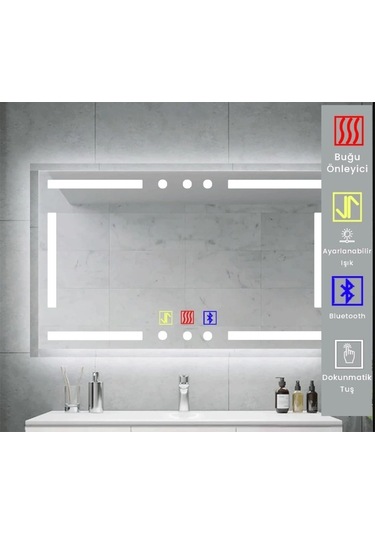 120x80 H Cm Bluetoothlu Buğu Çözücülü Dokunmatik Işıklı Kumlamalı Banyo Aynası