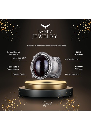 Doğal Taş Yüzük, 925 Ayar Gümüş Yüzük, Cabochon Garnet Gümüş