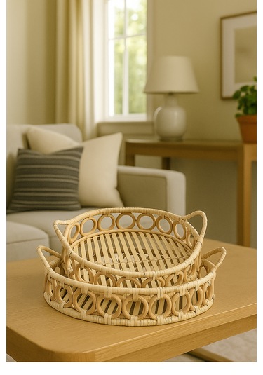 El Yapımı 2 Li Doğal Rattan Sunum Ve Servis Tepsi Seti Bohem Tarz Dekoratif Tepsi 35 Cm & 30 Cm Rattan