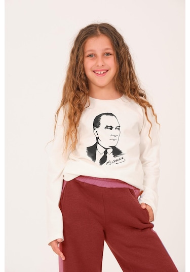 Unisex Çocuk Atatürk Baskılı Uzun Kollu T-shirt - Beyaz Beyaz