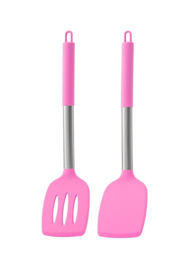 Hombey 430 Paslanmaz Çelik, Silikon Tutamak, Isı Dayanıklı, Temizlenmesi Kolay, Fritöz Ve Karıştırma Paleti İçeren 2'li Mutfak Gereçleri Seti Pembe