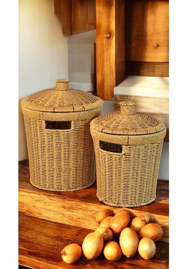 3'lü Hasır Set Kapaklı 2 Boy Patates Soğan Sepet Ve 26 Cm Meyveli