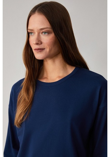 GRIMELANGE Basıl Kadını Oversize %100 Organik Pamuk Örme Uzun Kol Lacivert T-shirt Lacivert