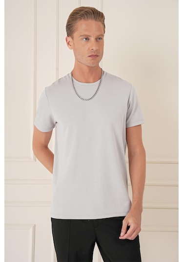 Comfort Fit Bisiklet Yaka Esnek Pamuk Casual Gri Tişört Ts 885 Gri