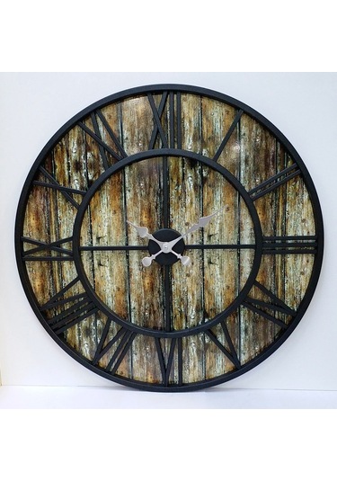 Otantik Ferforje Metal Ahşap Eskitme Duvar Saati 76Cm Ahşap