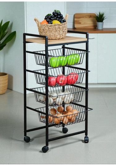 Dekoratif Tekerlekli Metal Sebzelik 4 Tel Sepetli Çam Ahşap Raflı Çok Amaçlı Stand Siyah