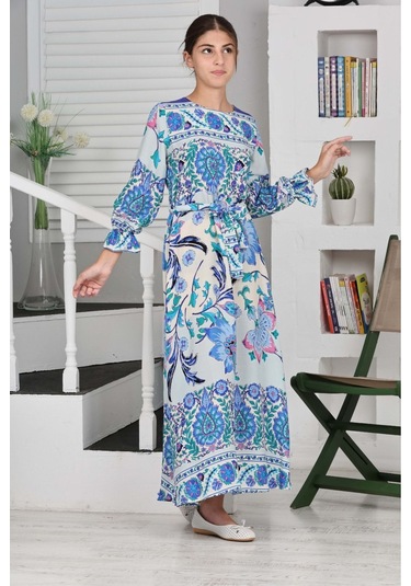 Kız Çocuk Viskon Kumaş Desenli Uzun Elbise Saks Mavi