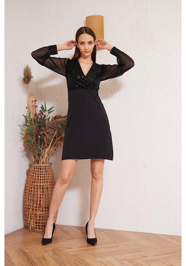Darlin Moda Siyah Pullu Abiye Elbise Dm1015