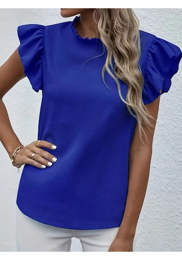 Munn Collection Kadın Kısa Kollu Fırfır Yakalı Bürümcük Bluz Mavi