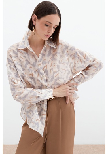 Desenli Viskon Gömlek - Gri-136024 Gri