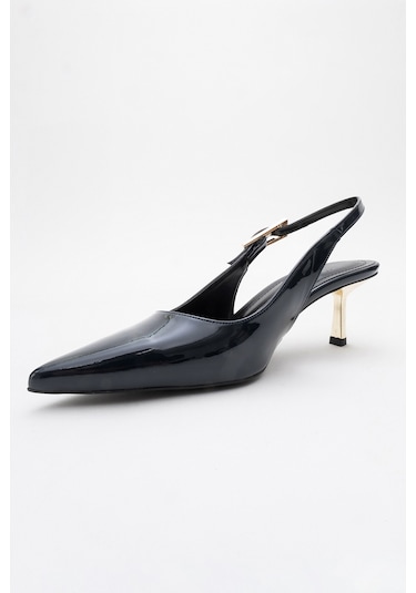 Arty Lacivert Rugan Tokalı Sivri Burun Arkası Açık Kadın İnce Topuklu Ayakkabı Lacivert