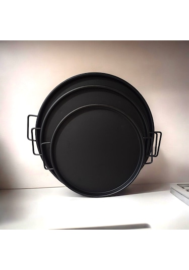 Tepsi Seti Metal Siyah Kulplu Metal Çay Tepsisi Kahve Tepsisi .