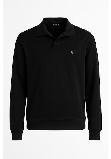 Gewer Erkek Slim Fit Uzun Kol Polo Yaka Sweatshırt-7428 Siyah