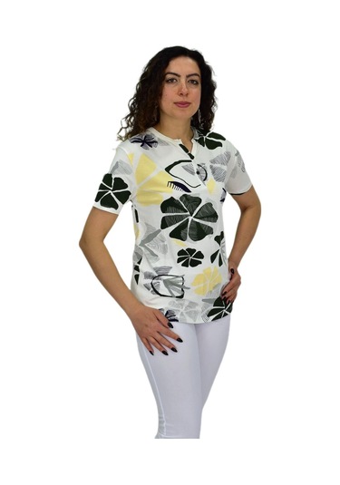 Kadın Kısa Kol Baskılı Bluz Bgl-st04697 Krem