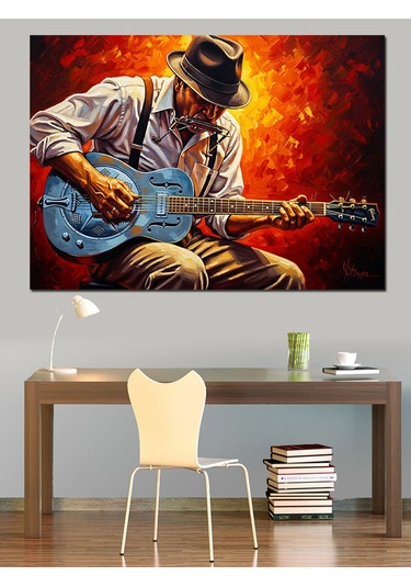 Mavi Gitar Çalan Adam Dekoratif Kanvas - Mdf Ahşap Tablo