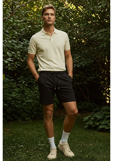 Erkek Yüksek Kalite Relax-fit Rahat Kesim %100 Pamuk Bağcıklı Siyah Düz Basic Şort Siyah