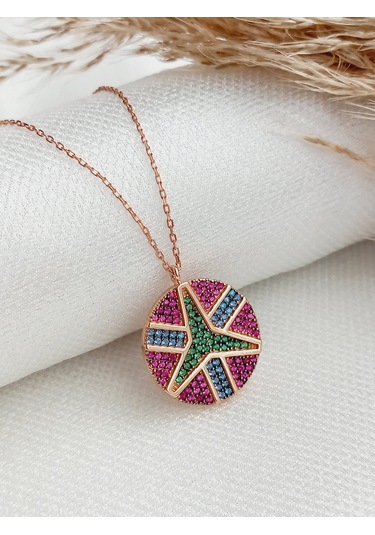 Gümüş Yeşil Mavi Pembe Zirkon Taş Barış Peace Madalyon Kolye