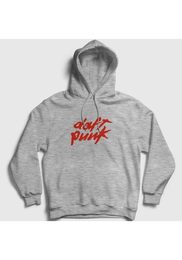 Presmono Unisex Logo Daft Punk Kapüşonlu Sweatshirt Gri Melanj