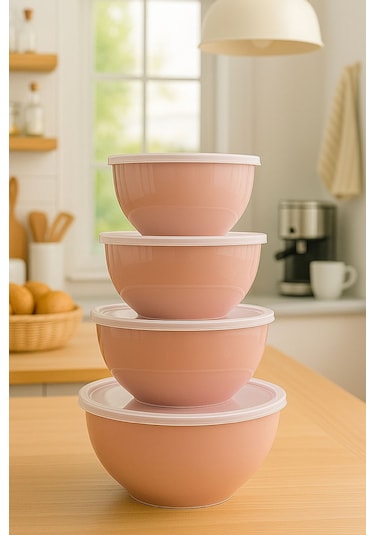4 Lü Yuvarlak Kase Seti Pembe 1l, 1.5l, 2.3l, 3.3l Kapaklı Çok Amaçlı Mutfak Saklama Kabı Pembe
