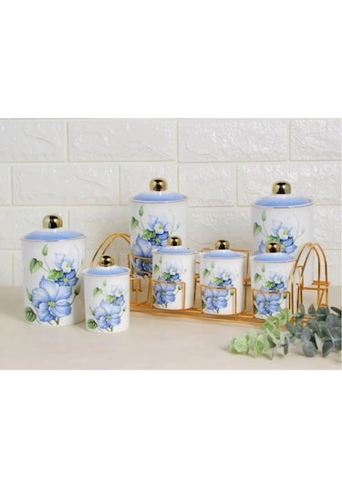Aero Mavi Çiçek Desen 8 Parça Gold Standlı Porselen Baharat Takımı Purebone-40 Beyaz