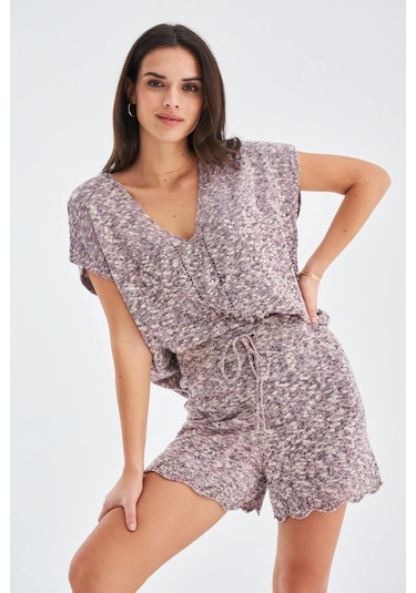 Peraluna Renge Blouse & Shorts Yazlık Viskonlu Kadın Triko Şort T Lila
