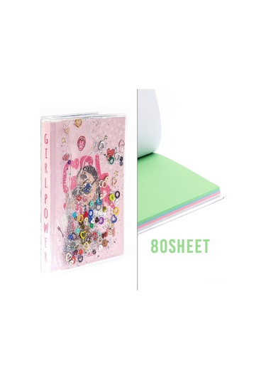 Simli Ve Sulu Kapaklı Renkli Sayfalı Desenli Mini Defter Koyu Pembe