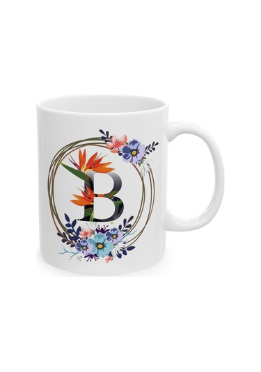 B Harf Baskılı Hediyelik Baskılı Porselen Beyaz Lüks Kupa Bardak Beyaz