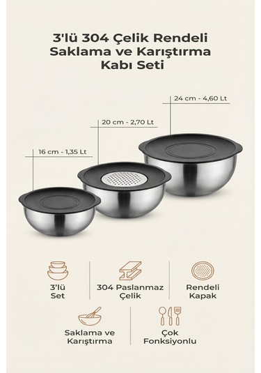 Makri Home 3'lü 304 Çelik 9 Parça Rendeli Saklama Ve Karıştırma Kabı Seti