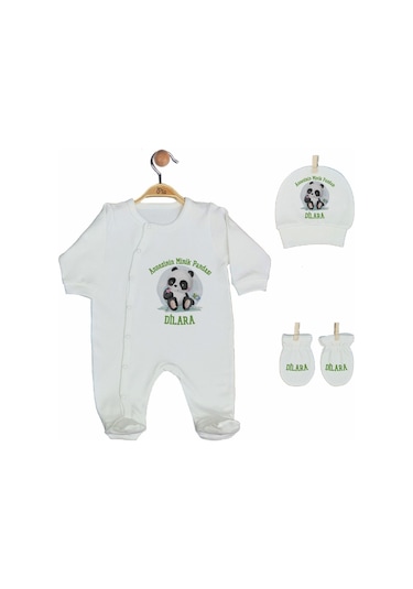 Pia Baby Gl 2009 İsme Özel Pandalı Beşli Tulum Set Krem
