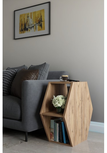 Alpa Ev Mobilya Altıgen Tasarım Yan Sehpa, Modern Koltuk Yanı Ve Dekoratif Kitaplık, Salon Sehpası Beyaz Atlantik Çam