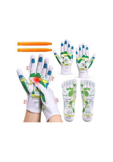 Springsun El Ve Ayak Refleksoloji Seti: Akupresür Eldiven, Çorap Ve Masaj Çubukları İle Toplum Ve Parmak Ucu Masaj Aracı Beyaz