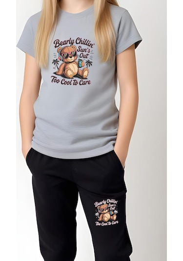 Fyk Kids Kız Çocuk Yuvarlak Yaka Baskılı Bearly Chillin Alt-üst Pijama Takımı Gri