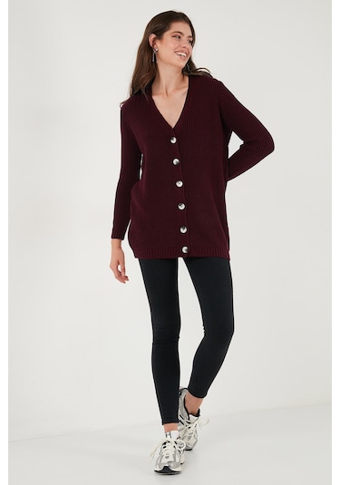 Lela Regular Fit V Yaka Düğmeli Triko Örme Uzun Bayan Hırka 4615044 Bordo