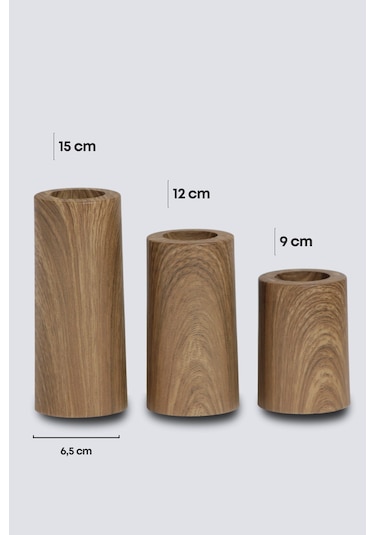 3 Lü Ahşap Kaplama Yüzey Mumluk Dekoratif Tealight Set Mum Abs P