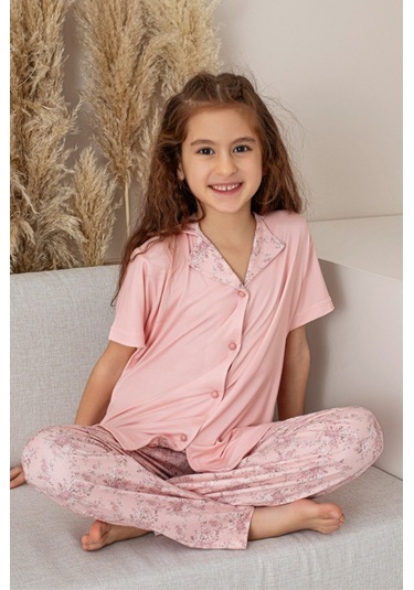 Anne Kız Kombin Çiçekli Kısa Kollu Gömlek Pijama Takımı Anne Kız Ayrı Satılır Pembe