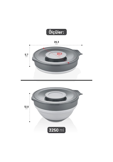 İronika Katlanır Akordiyon Sıçramayı Önleyici Kapaklı Mikser Karıştırma Kabı 3250 Ml Gri